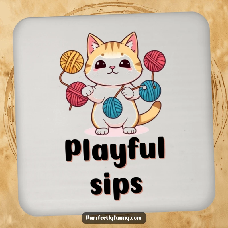 Funny drink coasters featuring a cat juggling yarn balls with paws and tail, offering a talented and humorous way to protect surfaces.