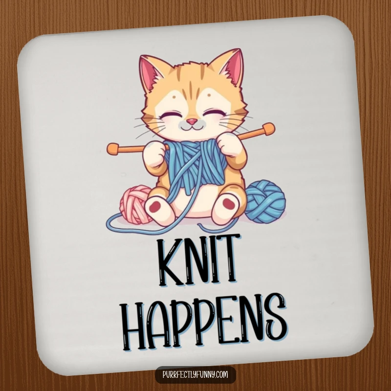 Funny cat coaster depicting a cat attempting to knit with large supplies, humorous and protective.