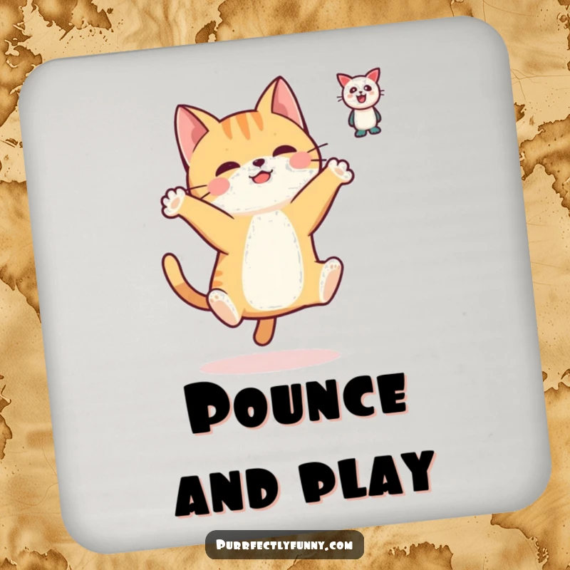 Funny drink coasters showcasing a simplified cat character leaping with paws outstretched towards a beloved floating toy, adding humor to any table.