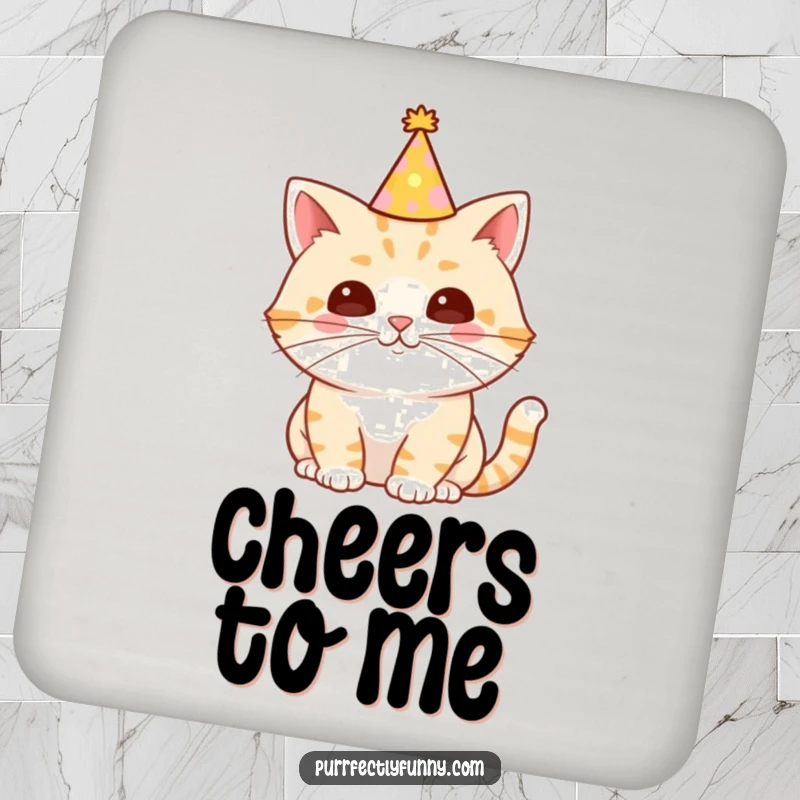Funny Cat Coaster featuring a cat in a party hat with a long, celebratory whisker, protecting tables with humor and charm.
