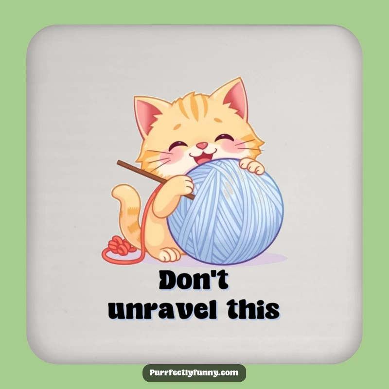 Funny Playful Cat Drink Coaster: Protect Surfaces with Giant Yarn