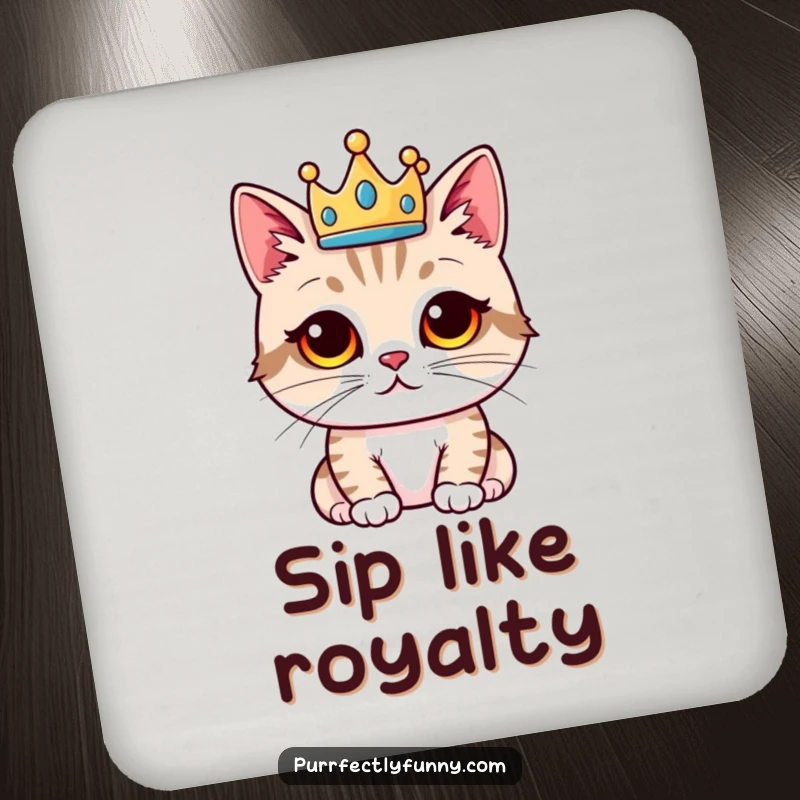 Funny cat coasters, proud cat wearing a crown, humorous home decor, ideal funny gift for royalty.