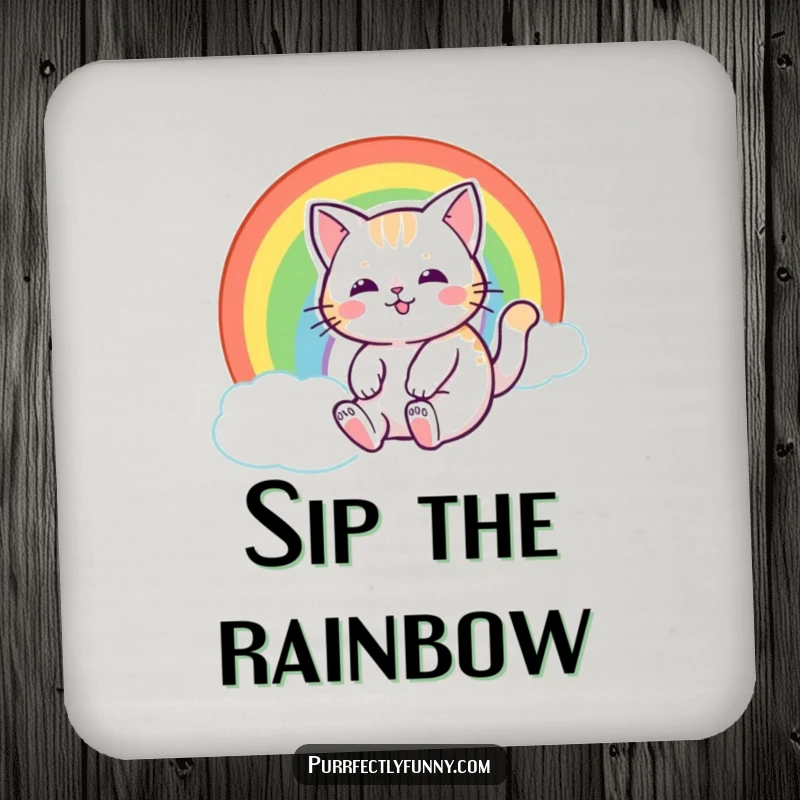 Funny cat with a happy expression, sliding down a rainbow, adding magical protection to any surface with this coaster.