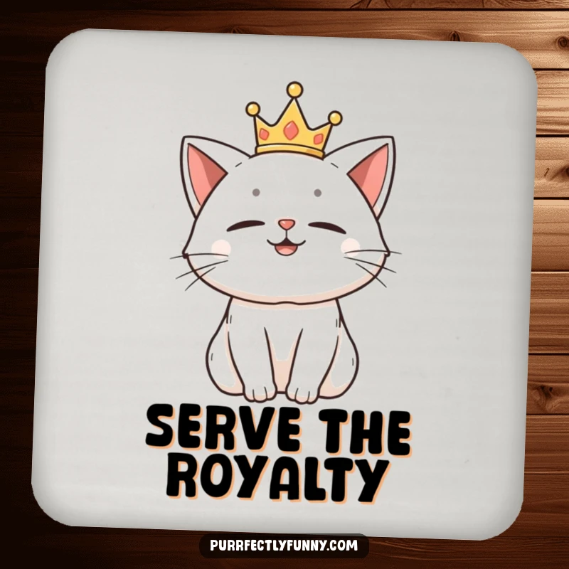 Funny drink coaster with a proud cat wearing a tiny crown, looking amused.