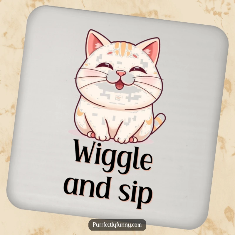 Funny Wobbly Whisker Cat Drink Coaster with a plump, cheerful cat wiggling its nose and a long whisker, offering quirky protection.
