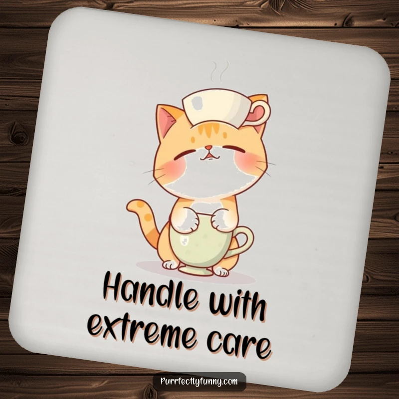 Funny coasters depicting a cat in a funny, unbalanced pose, failing to balance a teacup on its head, protecting surfaces.