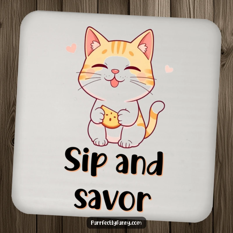 Funny cat coaster: a cat character smacking its lips, anticipating a delicious snack, protecting a table.