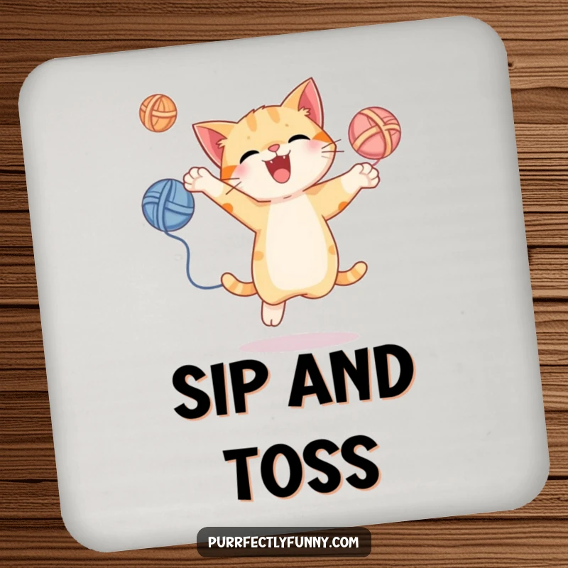Funny drink coaster featuring a cat energetically juggling yarn balls, perfect for protecting tables with playful and humorous charm.