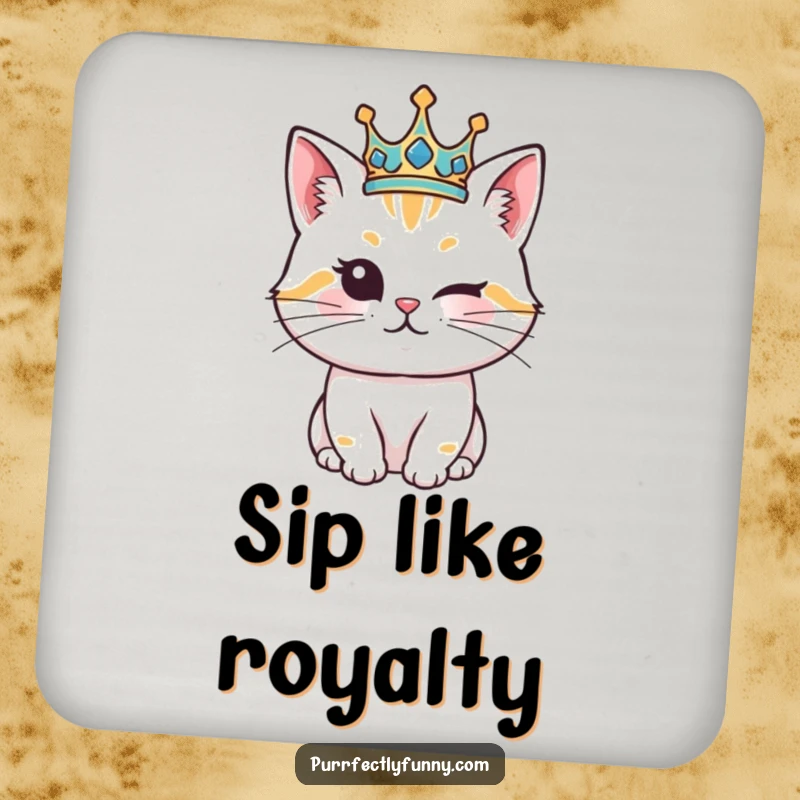 Funny Cat Coaster: A decorative coaster featuring a humorous image of a crowned cat tipping its crown with a wink.