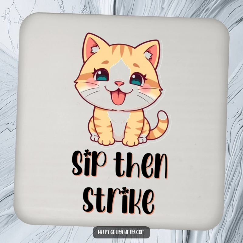 Funny cat captured mid-pounce with its tongue sticking out on a protective drink coaster, adding playful charm.