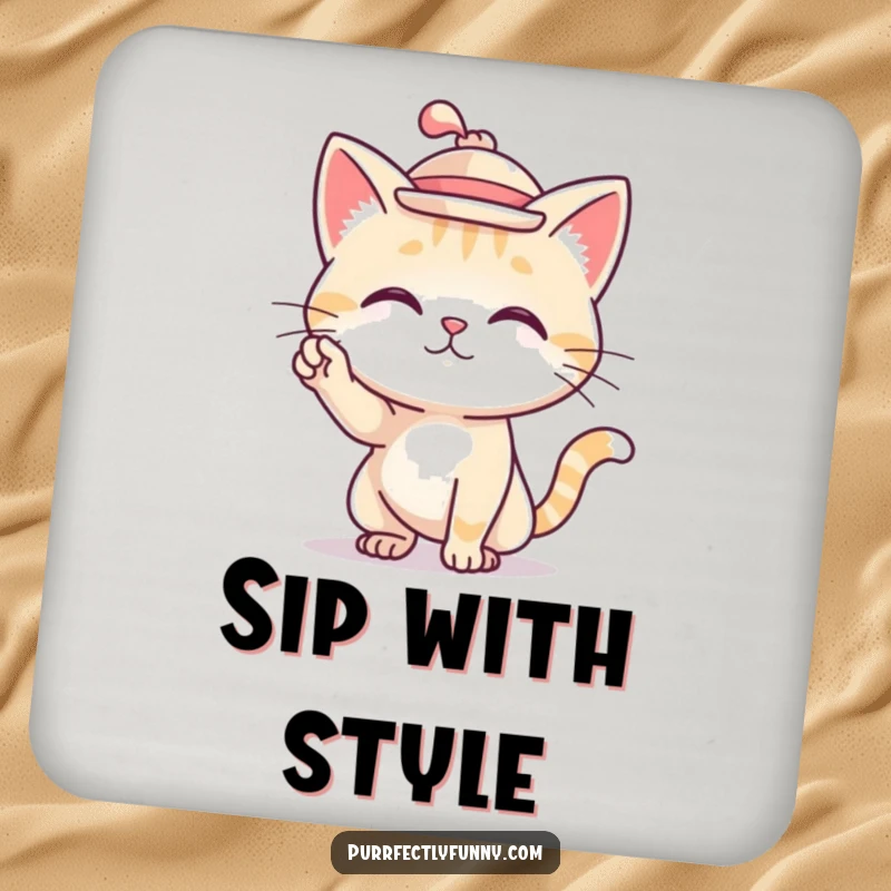 Funny drink coaster featuring a cat wearing a tiny hat and striking a stylish pose.