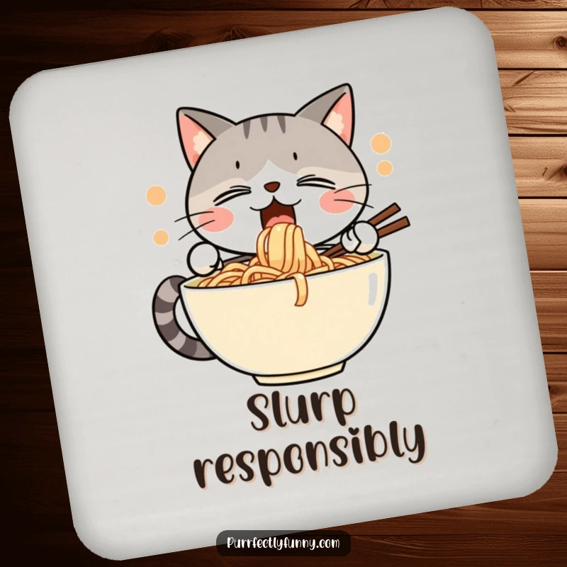 Funny coasters depicting a cat with eyes closed in delight, enthusiastically slurping a giant bowl of noodles, protecting surfaces.