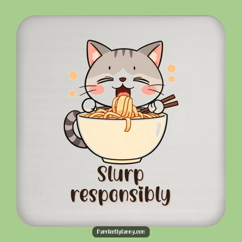 Funny Noodle Cat Slurp Coasters: Protect Surfaces with Enthusiastic Feline Art
