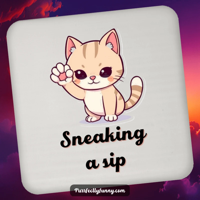 Funny cat drink coaster, a cartoon cat in a dramatic sneaking pose, one paw raised high, embodying stealth and playful mischief.