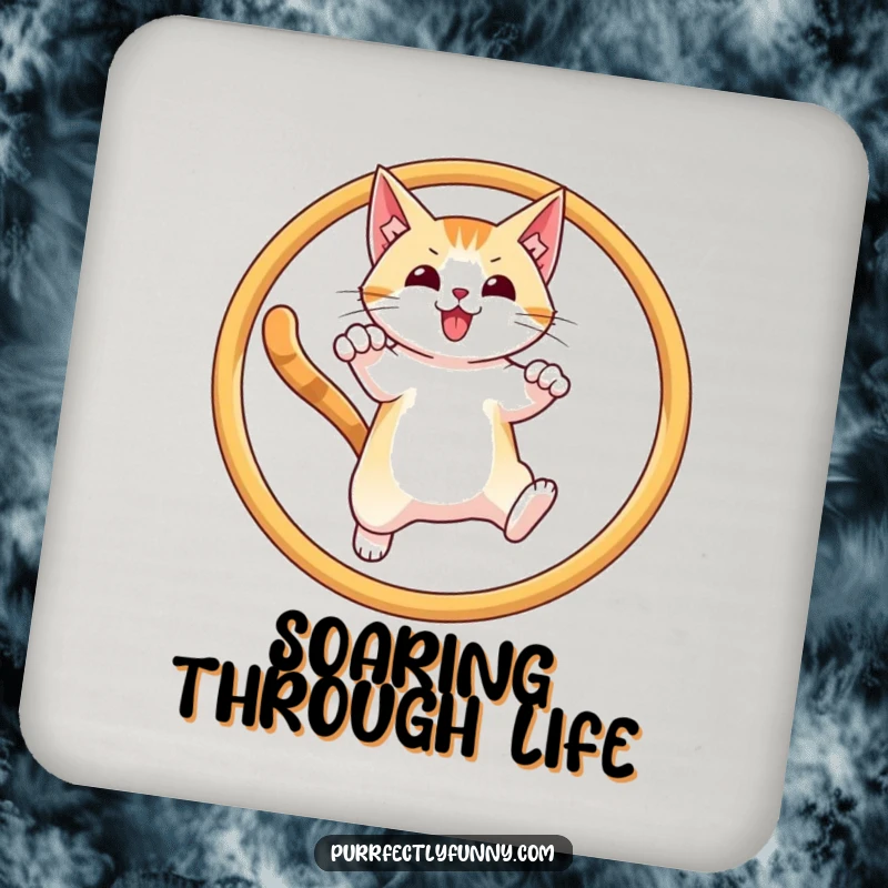 Funny drink coaster featuring a cat executing a triumphant leap through a hoop, a humorous and protective accessory.