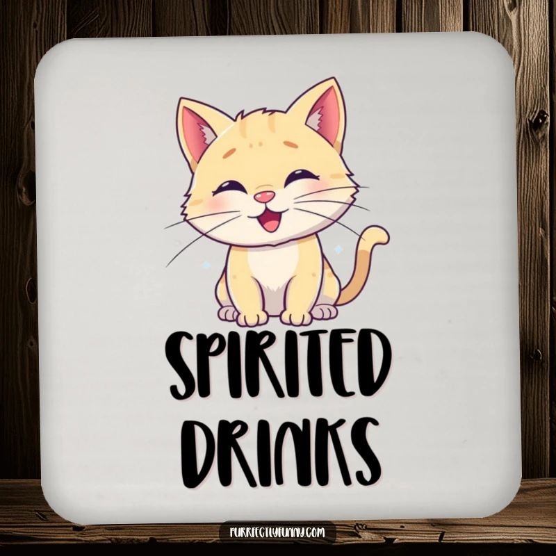 Funny drink coaster featuring a cute cat, its whiskers uniquely styled into happy, flowing spirals, adding a whimsical touch to any surface.