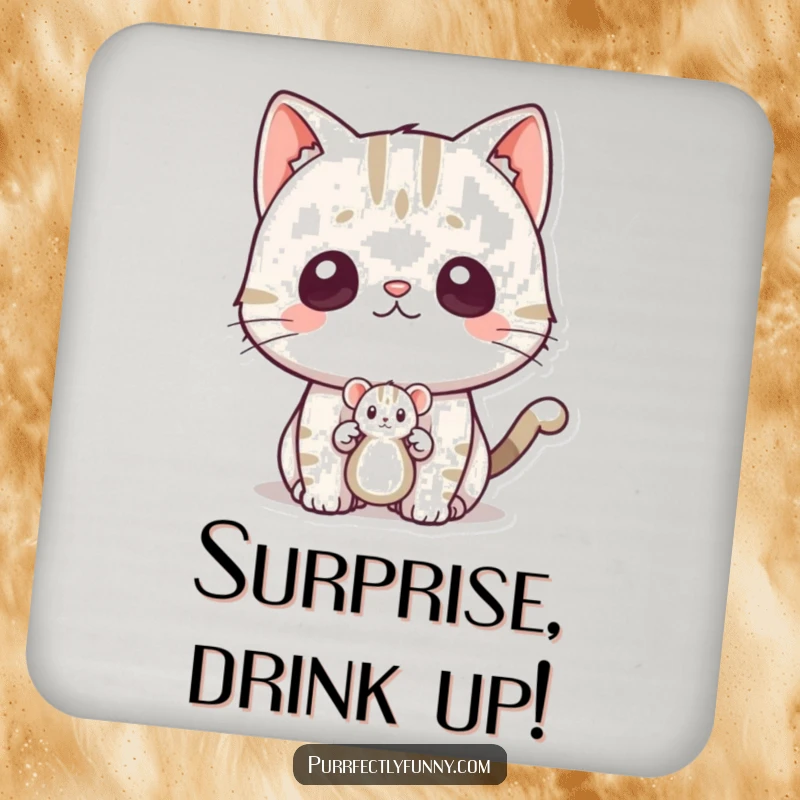 Funny surprised cat drink coaster, showing a cat startled by a toy mouse, a humorous and practical item.