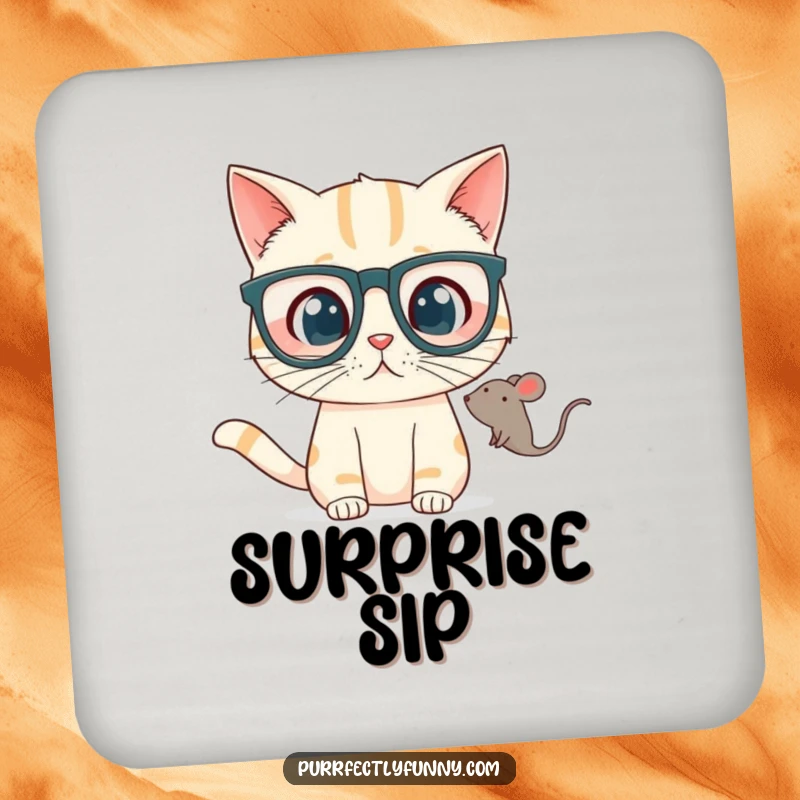 Funny Drink Coaster featuring a cat in oversized glasses looking surprised at a toy mouse, adding humor and protecting surfaces.