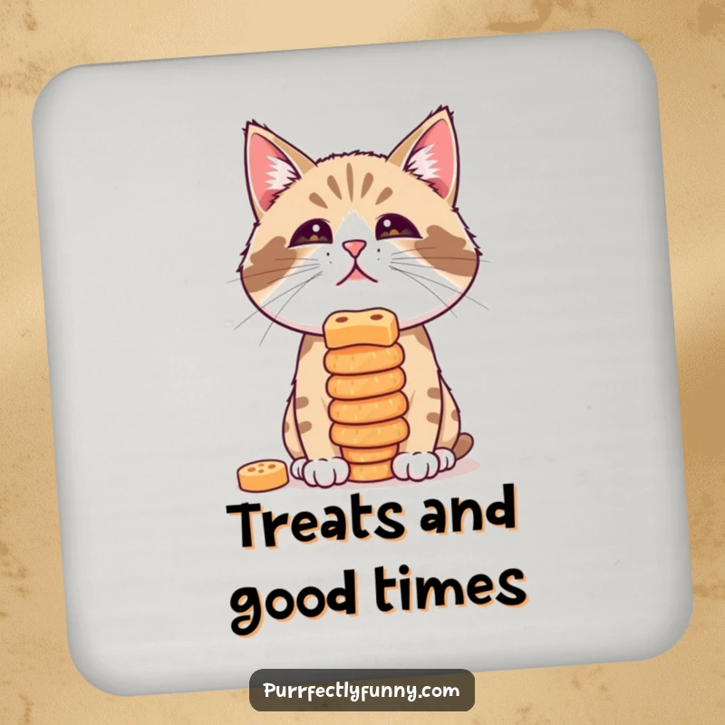 Funny drink coasters showcasing a cat attempting to balance a stack of treats on its nose, adding humor to any surface.