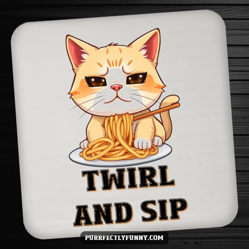 Funny cat coaster featuring a goofy expression while eating spaghetti, messy and humorous surface protection.