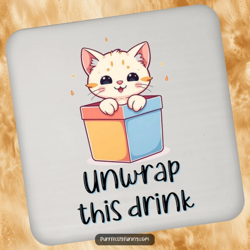 Funny cat character bursting out of a gift box, on a protective and humorous drink coaster.