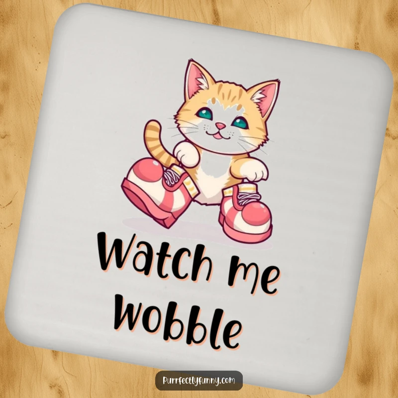Funny drink coaster featuring a cat adorably tripping over oversized clown shoes, a humorous and protective accessory.