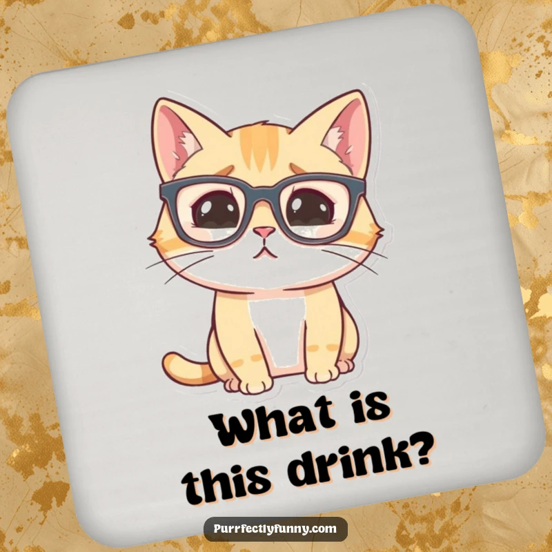 Funny cat with large glasses, looking comically confused, on drink coasters, adding humor.