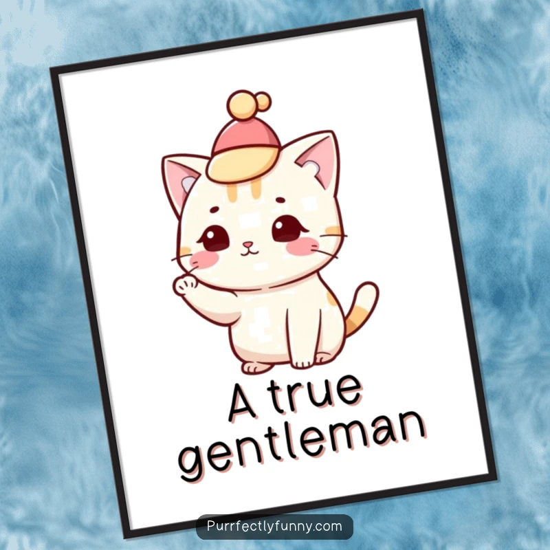 Funny cat wearing a tiny hat and tipping it with a paw flourish, as a humorous poster print.