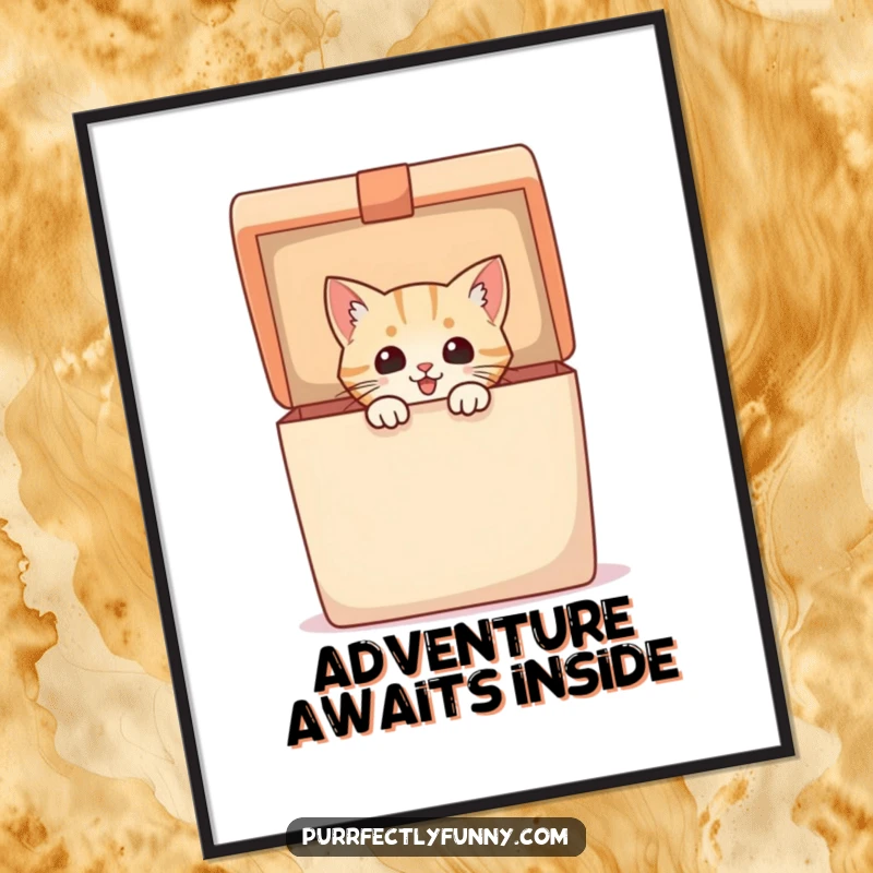 Funny Poster depicting an excited cat peering out of a huge, open gift box, bringing humor and joy to wall decor.