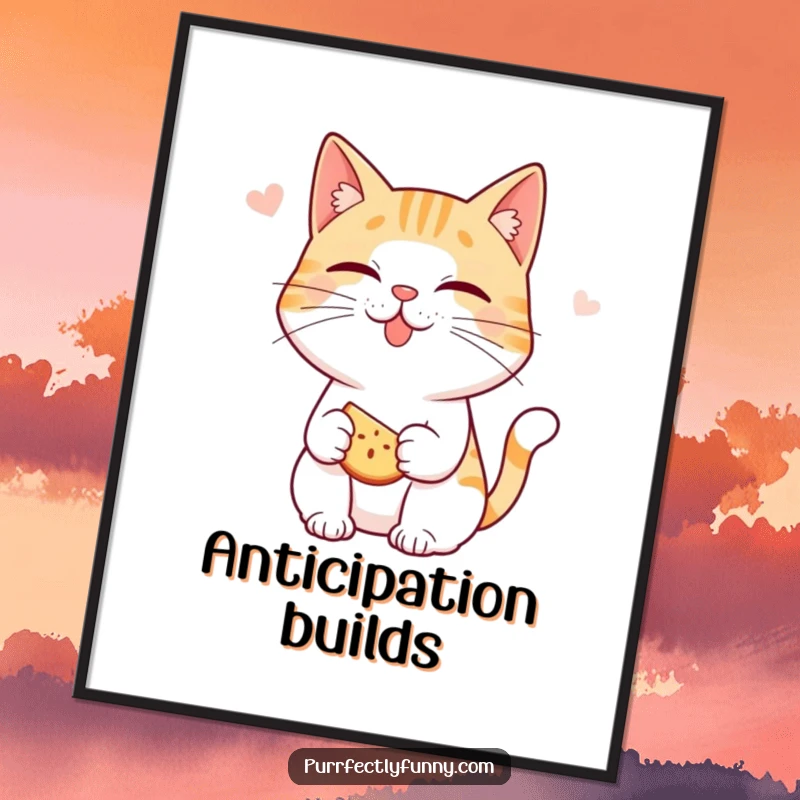 Funny cat poster: a cat character playfully smacking its lips, eyes wide with anticipation for a delicious snack, looking hungry.