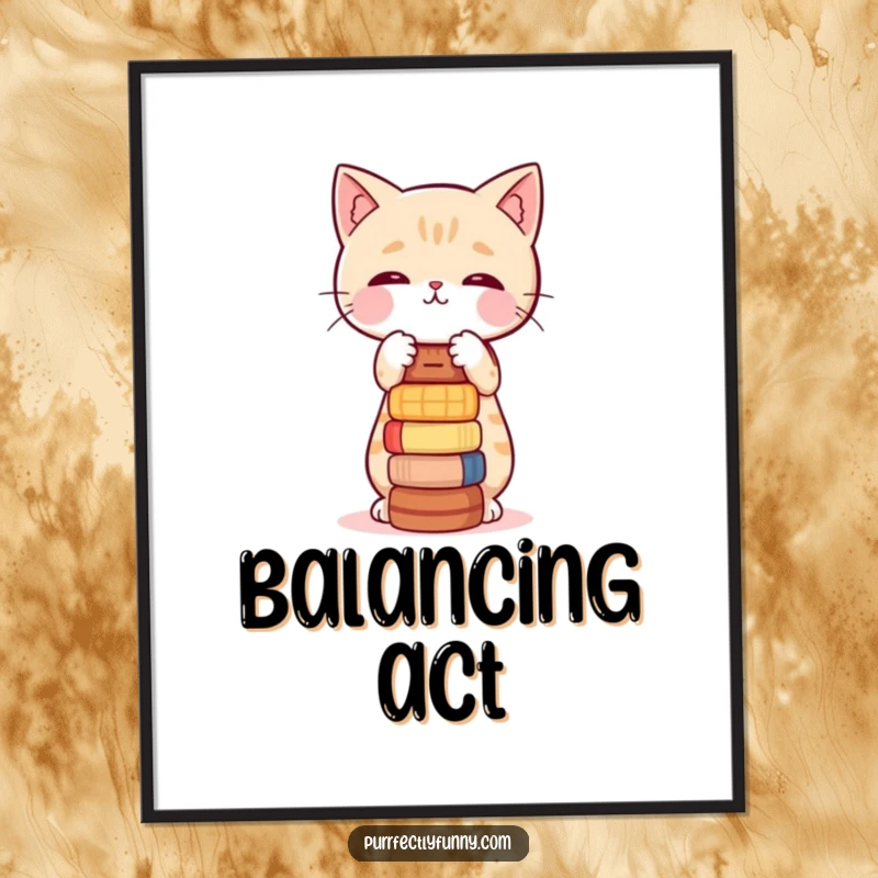 Funny poster showcasing a cat character attempting to keep a stack of small, wobbly items balanced.