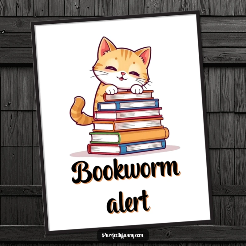 Funny Cat Poster: A cat is shown in a humorous pose, attempting to balance a large stack of books, perfect for a study or library.