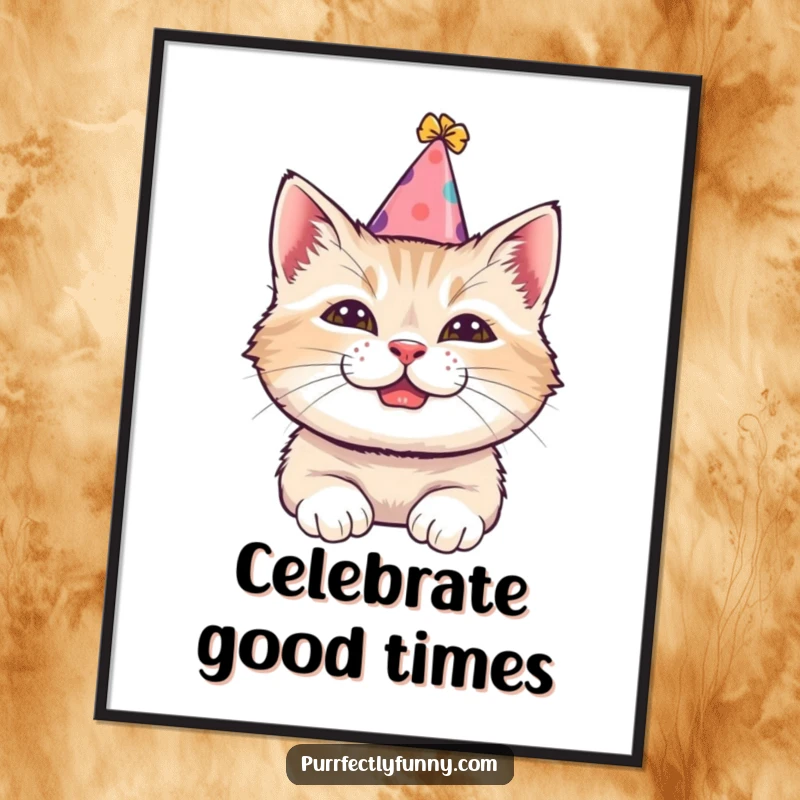 Funny poster depicting a cat in a tilted party hat with a comical grin, bringing joyful and festive vibes to any room.