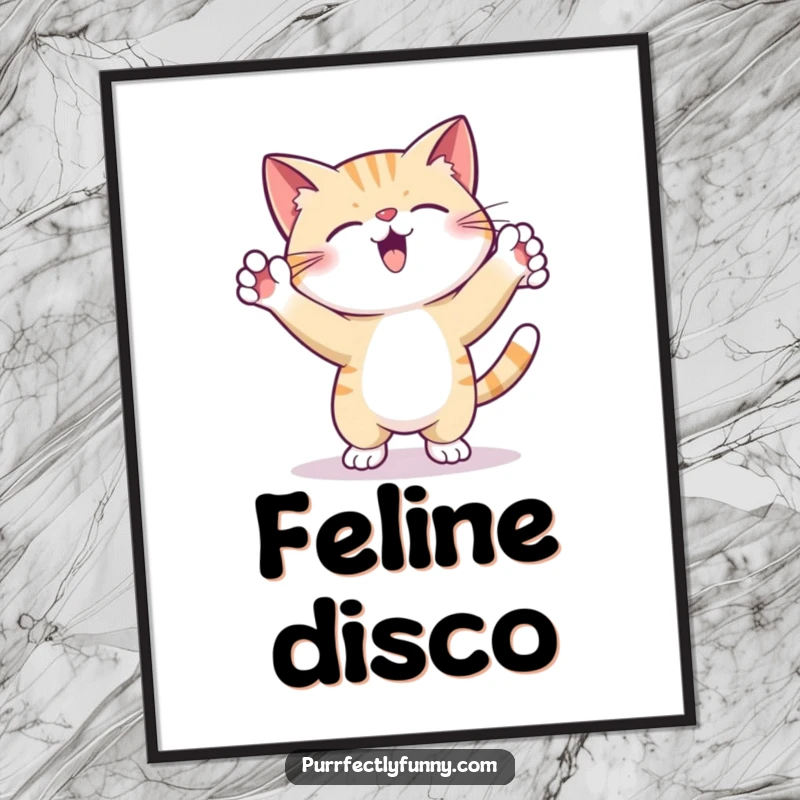 Funny Poster illustrates a cat performing a hilarious, energetic dance routine with its paws joyfully thrown in the air.