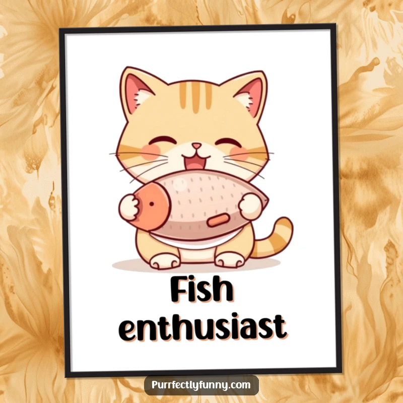 Funny Cat Poster: A cat wearing a bib is pictured with a giant fish treat, captured in a moment of ecstatic eating and pure enjoyment.