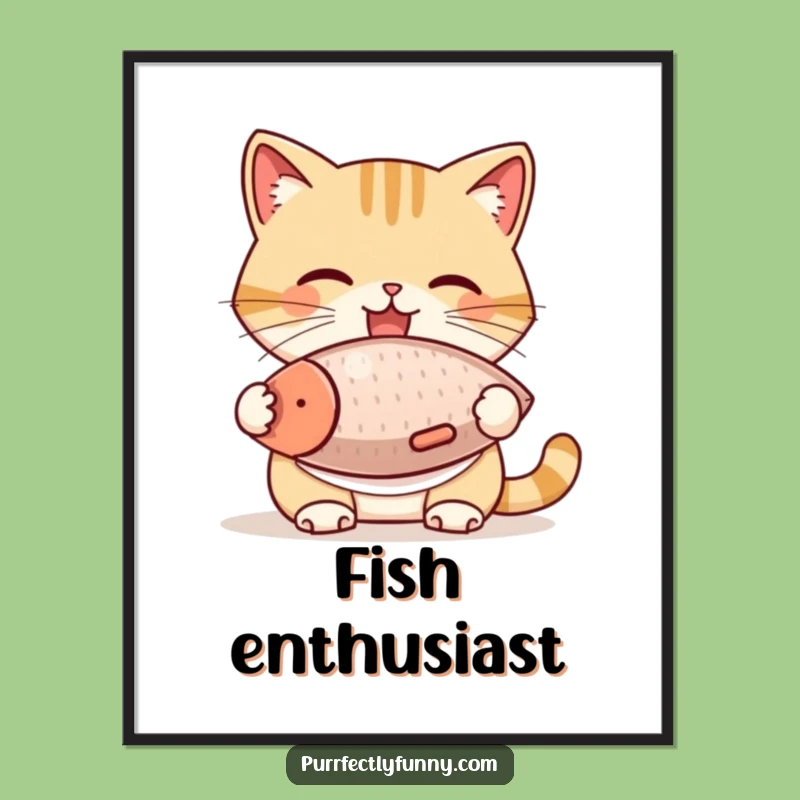 Funny Cat Bib Fish Treat Poster - Whimsical Wall Art for Cat Lovers