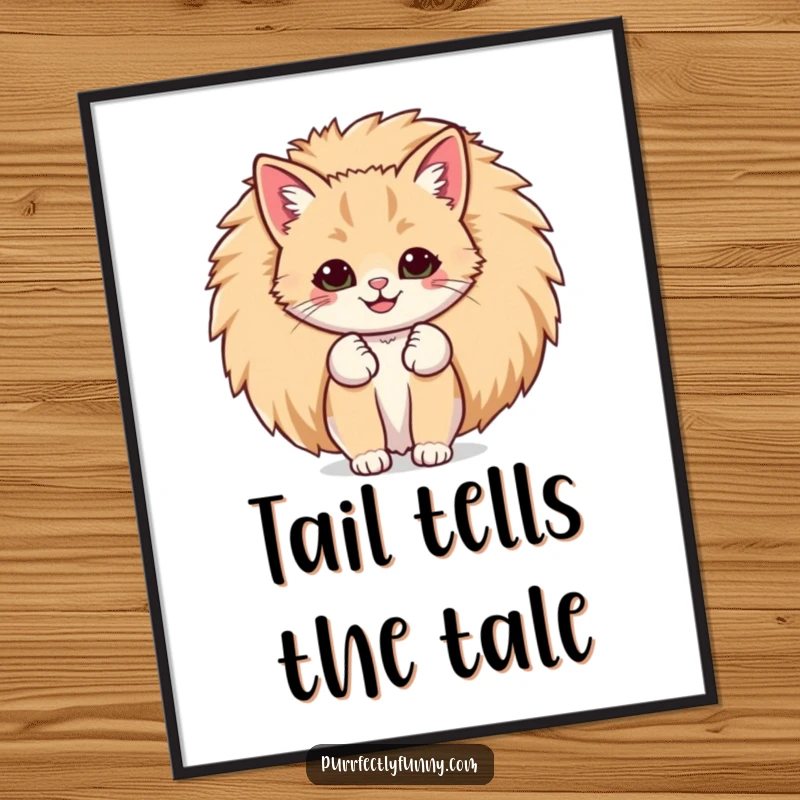 Funny poster illustrating a cat with a comically large smile peeking out from behind its giant, fluffy tail, exuding joy.