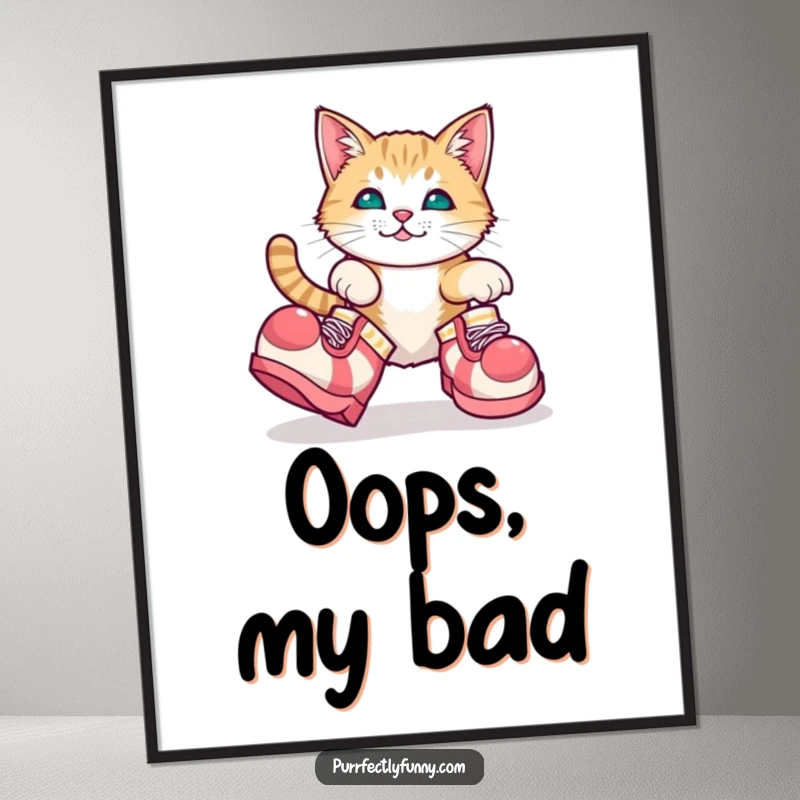 Funny poster art of a cat comically stumbling in giant clown shoes, capturing adorable misfortune.