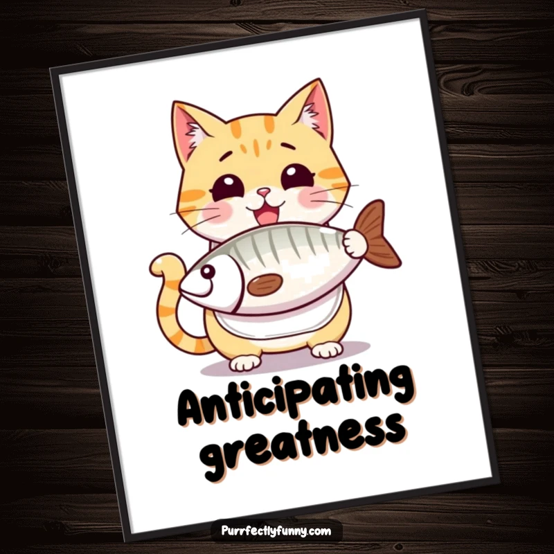 Funny cat poster, a cartoon cat with a bib, eyes fixed with intense desire on a comically massive fish treat, showcasing pure anticipation.