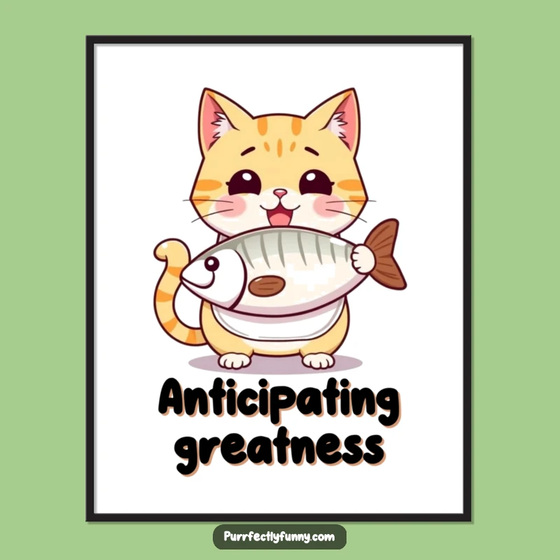 Funny Cat Fish Feast Poster - Anticipation Art, Perfect Gift for Foodie Homes