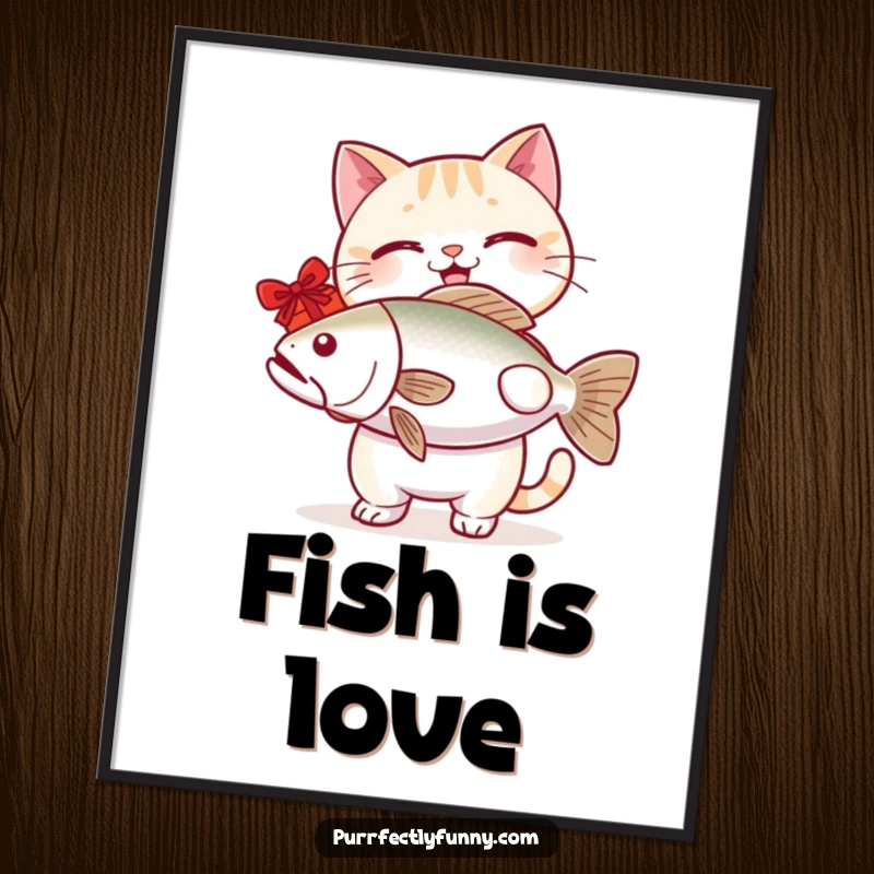 Funny cat poster depicting a smiling cat generously holding a massive fish, creating a humorous and eye-catching display.