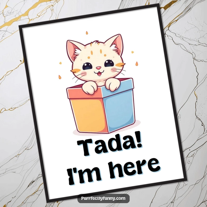 Funny cat character bursting out of a gift box, as vibrant and humorous wall art.