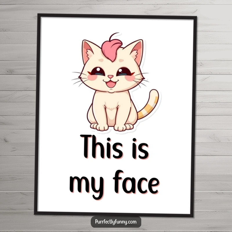 Funny cat poster featuring a silly grinning cat with a dramatically fanned tail, perfect for adding humor to any room.