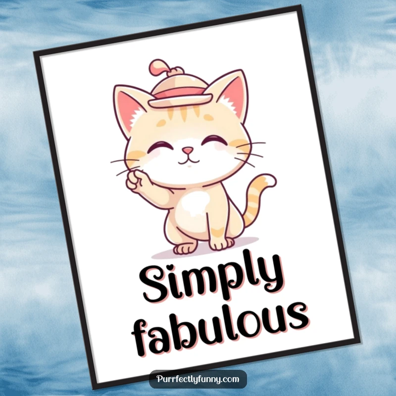 Funny poster of a cat wearing a tiny hat and striking a glamorous, confident pose.