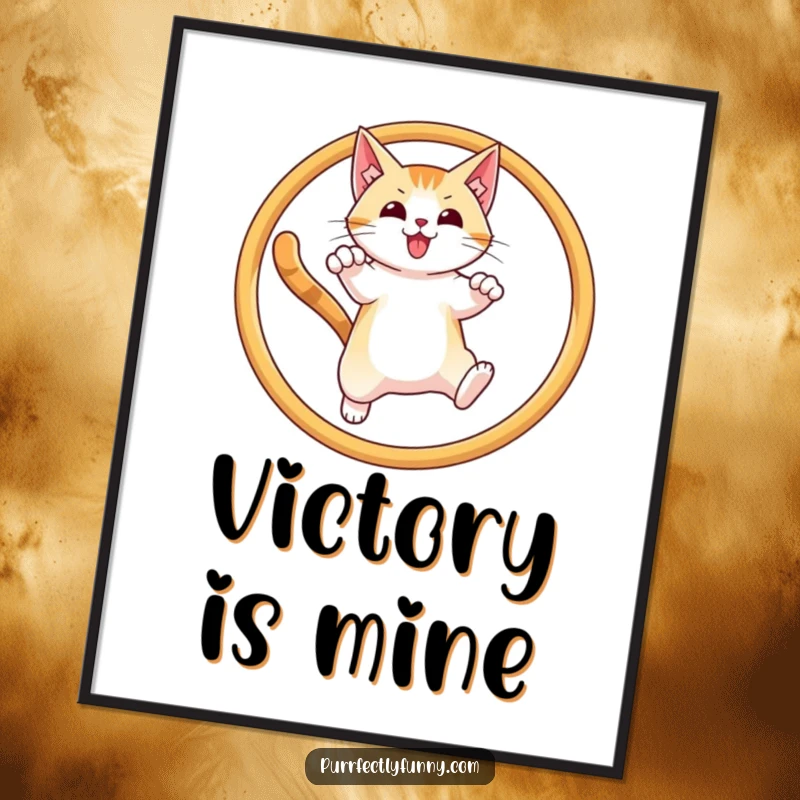 Funny poster art of a cat in mid-air, triumphantly clearing a hoop, a humorous depiction of skill and victory.