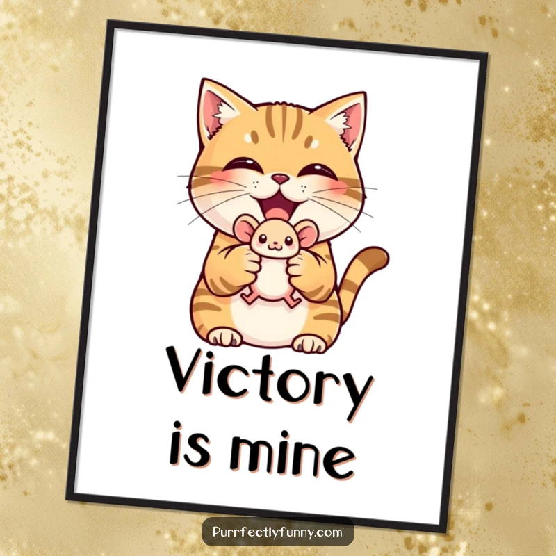 Funny poster of a triumphant cat proudly holding a tiny toy mouse, celebrating victory.