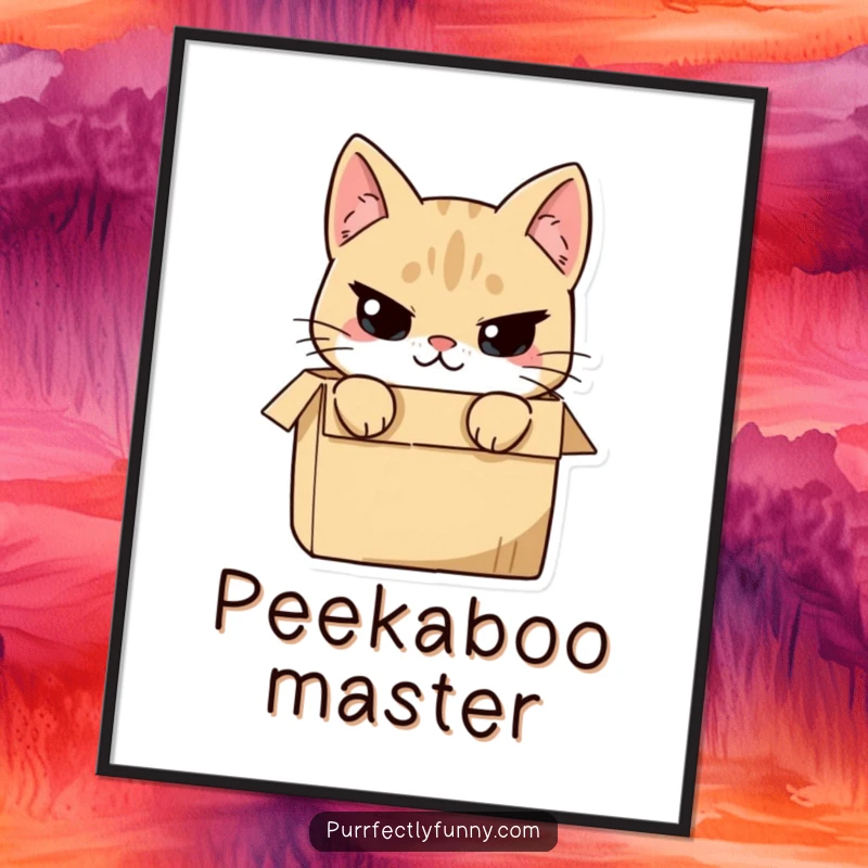 Funny cat character peeking out from a box with a very mischievous smirk, on a poster, adding playful intrigue.