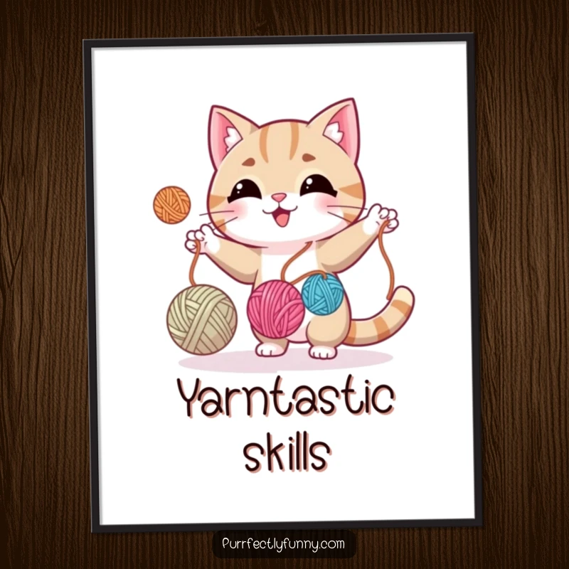 Funny cat performing a delightful juggle with three colorful yarn balls, creating whimsical wall art.