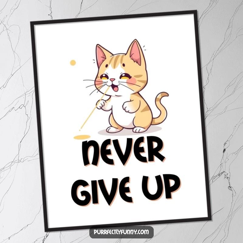 Funny cat poster, a dynamic cartoon cat comically jumping and swiping at a red laser dot that continues to elude its grasp.