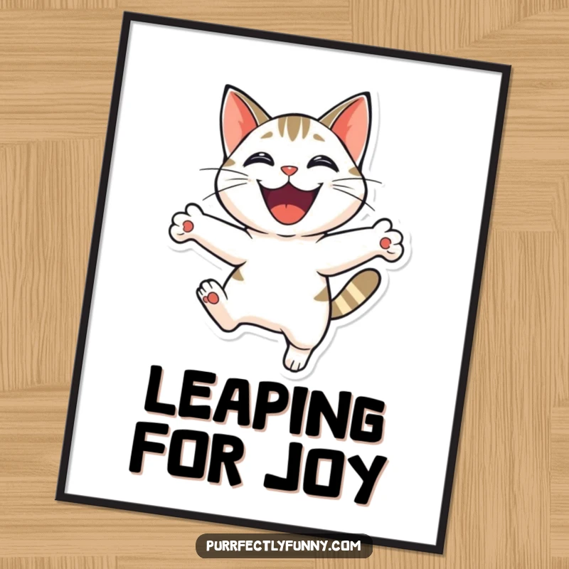Funny cat captured in a dynamic leap with a wide, ecstatic grin, ideal for a vibrant poster.